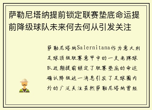 萨勒尼塔纳提前锁定联赛垫底命运提前降级球队未来何去何从引发关注 萨勒尼塔纳提前锁定联赛垫底命运提前降级球队未来何去何从引发关注